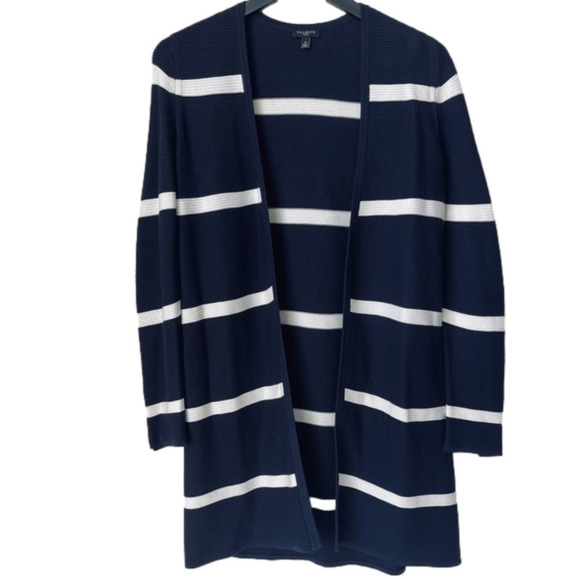 Talbots Open Front Modern Ottoman Stripe Cardigan Navy/Cream - Picture 1 of 7